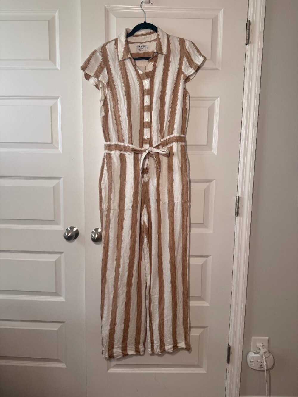 FRAME Linen Blend Shirt Jumpsuit | Brown Striped Collar | Size S - Picture 1 of 7